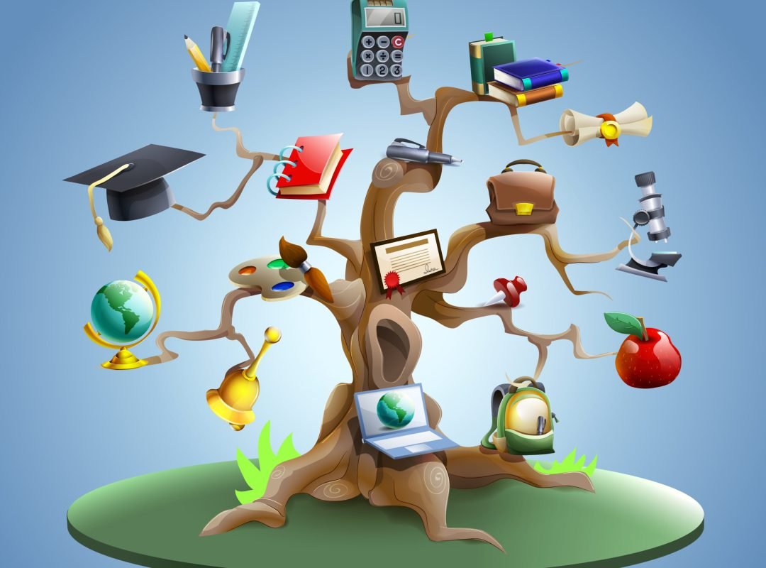 Education tree concept Education and study tree concept with laptop and graduation certificate on blue background cartoon vector illustration